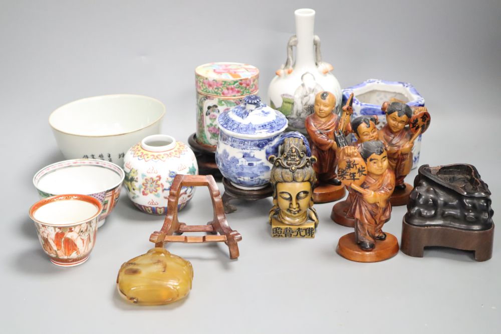 A group of Chinese porcelain bowls and vases and wood items etc., 19th/20th century